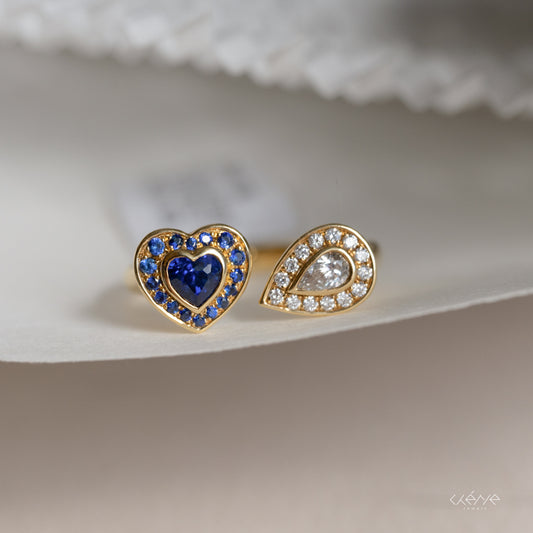 Heart Shape Sapphire and Pear Diamond Open Ring