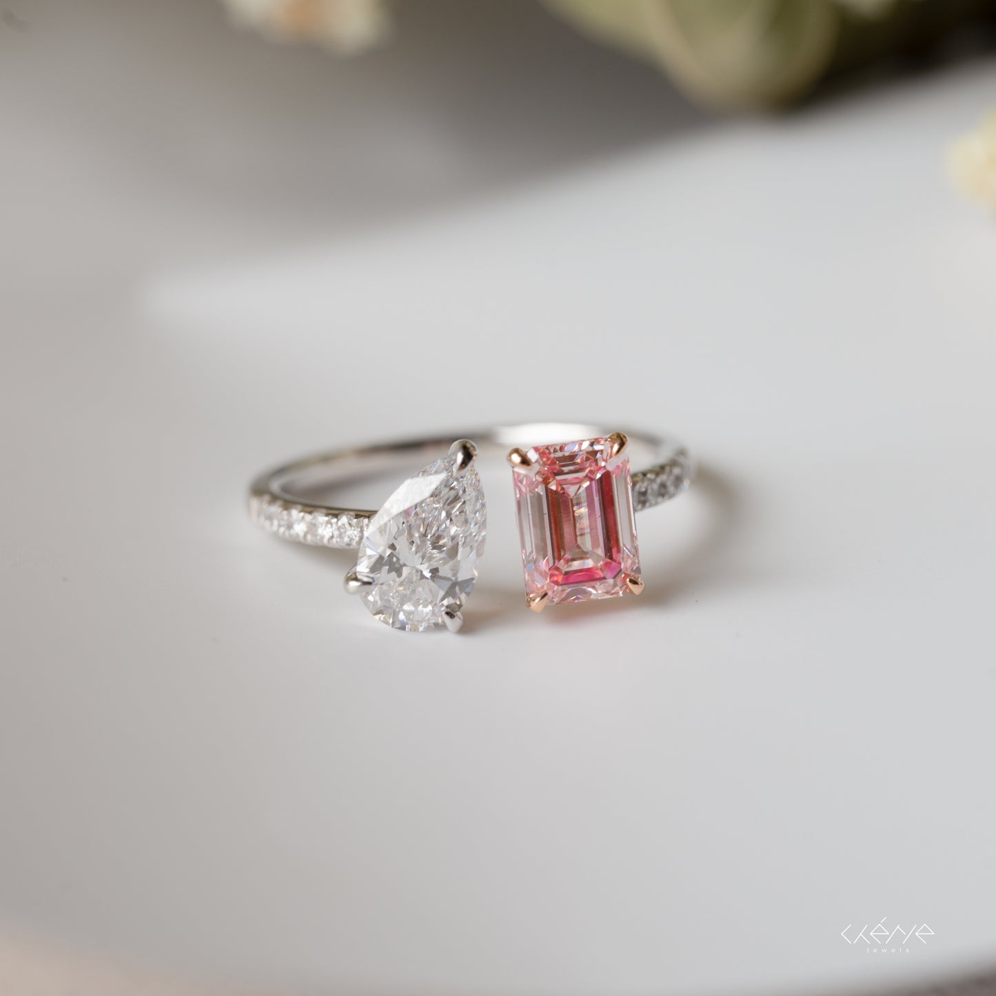 Lab Diamond Collection - Emerald Cut Pink Diamond and Pear Diamond Open Ring