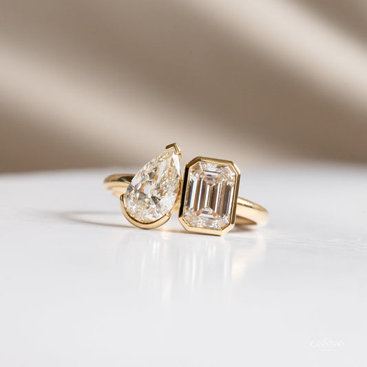Lab Diamond Collection - Toi et Moi Pear and Emerald Cut Ring in Bezel Set