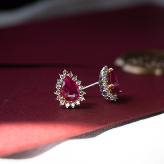 Pear Shape Ruby and Diamond Halo Earrings