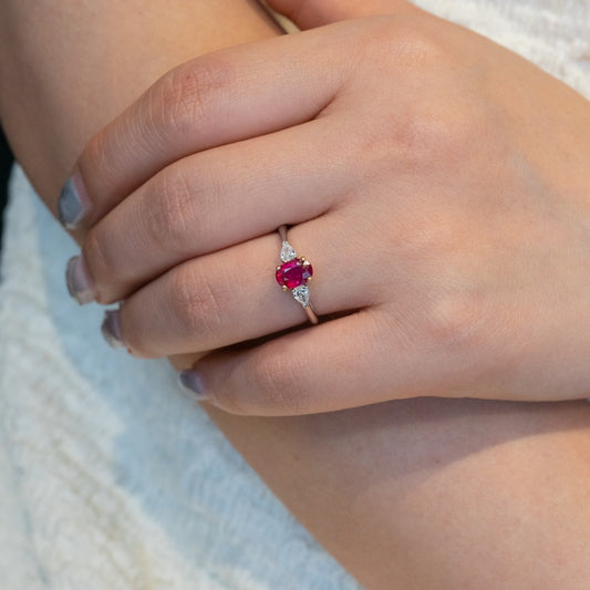 Oval Shape Ruby Trilogy Diamond Ring