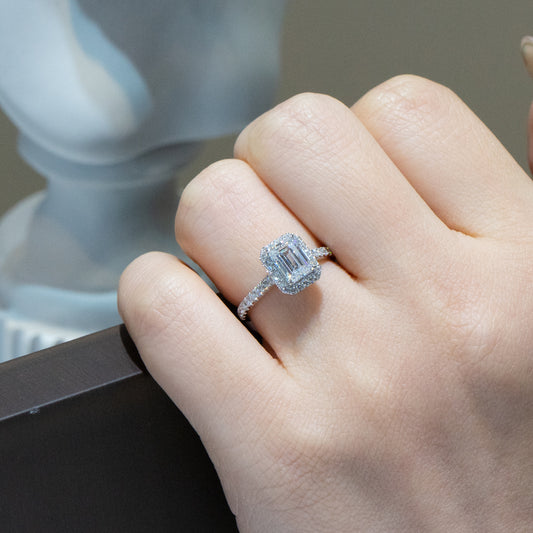 Lab Diamond Collection - 1ct Emerald Cut Diamond with Halo and Pave Band