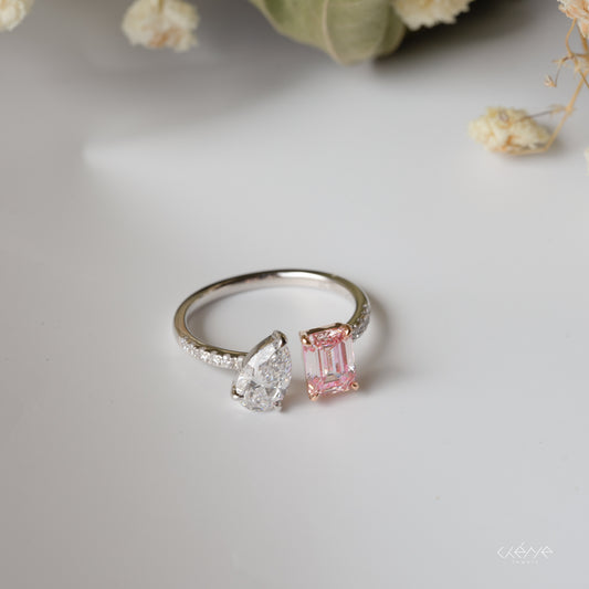 Lab Diamond Collection - Emerald Cut Pink Diamond and Pear Diamond Open Ring