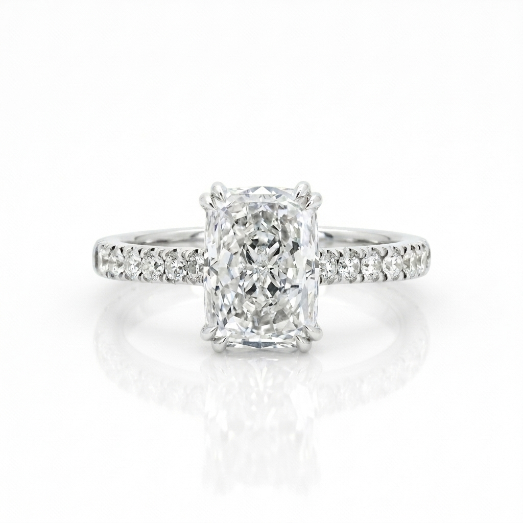 Lab Diamond Collection - 2ct Long Cushion Cut Diamond Ring with Hidden Halo and Side Pave