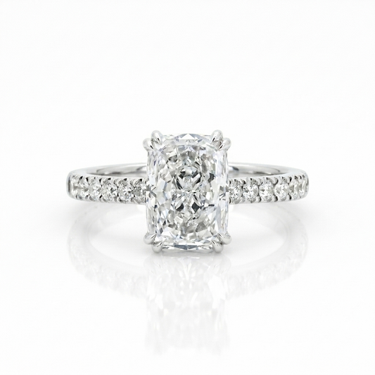 Lab Diamond Collection - 2ct Long Cushion Cut Diamond Ring with Hidden Halo and Side Pave