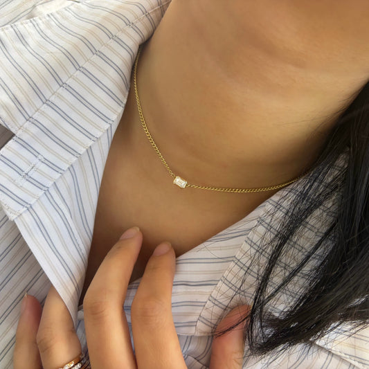 Lab Diamond Collection - Mini Cuban Link Chain Necklace with Emerald Cut Diamond 0.50CT