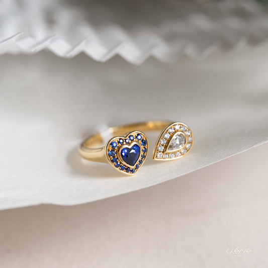 Heart Shape Sapphire and Pear Diamond Open Ring