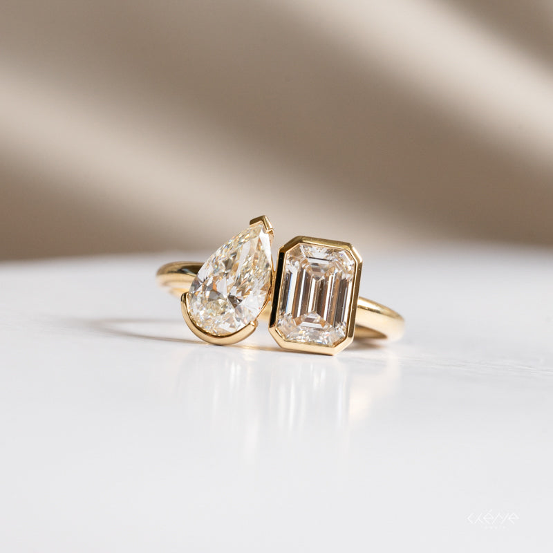 Lab Diamond Collection - Toi et Moi Pear and Emerald Cut Ring in Bezel Set