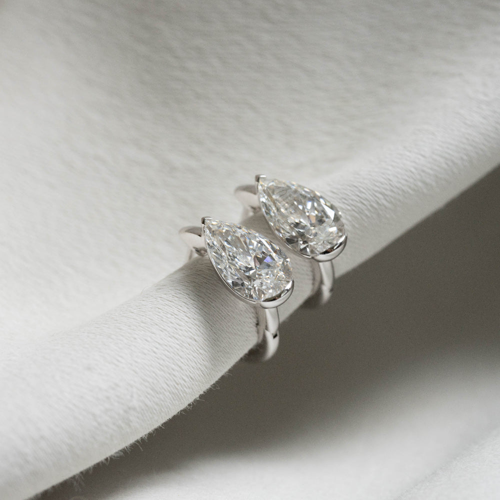 3ct Pear Solitaire Diamond Half Bezel Set Huggies