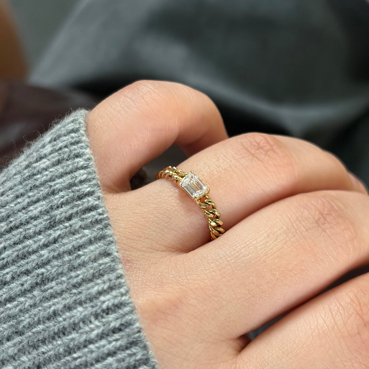Lab Diamond Collection - Cuban Link Soft Chain Ring with Emerald Cut