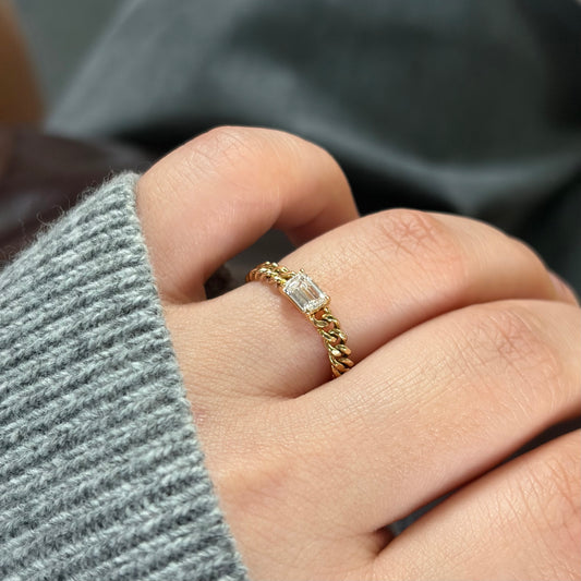 Lab Diamond Collection - Cuban Link Soft Chain Ring with Emerald Cut