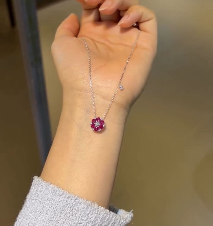 Pre order 18K White Gold Flower Necklace with Natural Diamond and Pink Tourmaline